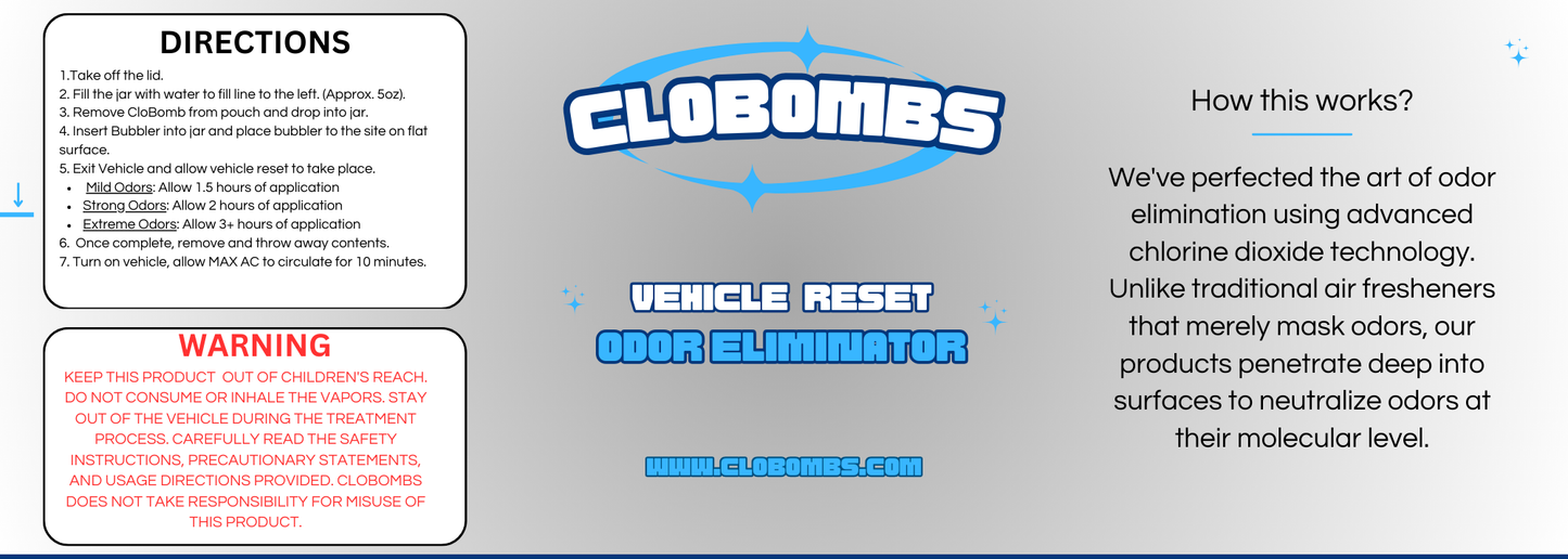 Eliminate smoke smells with our advanced chlorine dioxide car bomb and odor eliminator kit